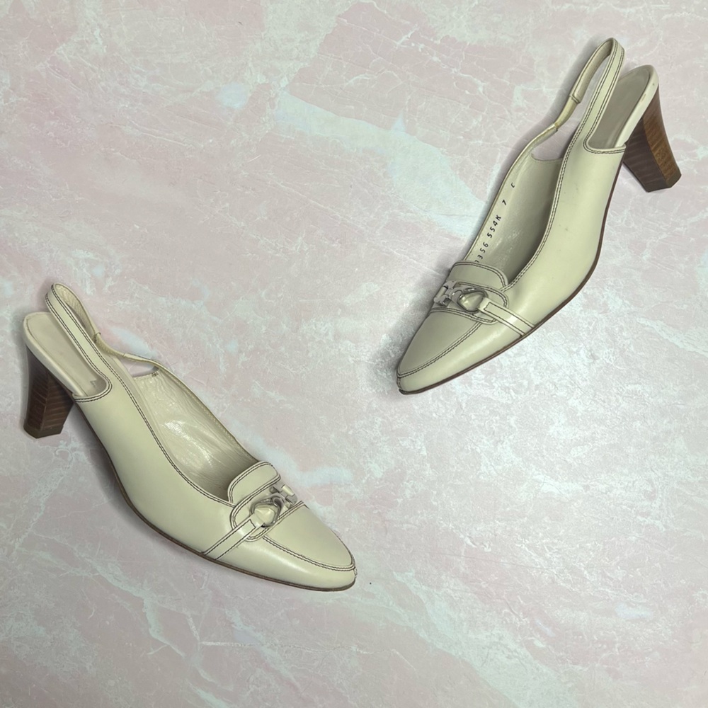 Salvatore Ferragamo Cream Leather Slingback Heels